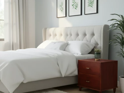 Mahogany wood bedside table with two drawers, brass handles, and tapered legs in a minimalist design