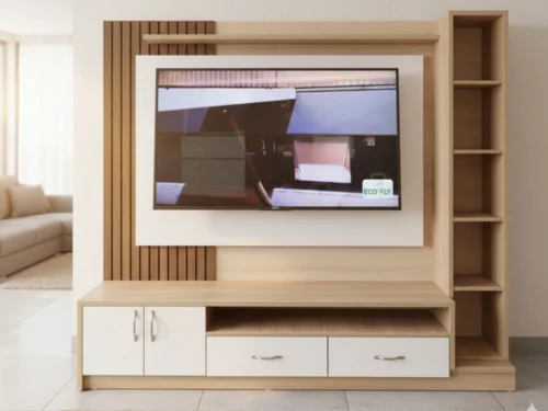 Modern engineered wood TV unit with dual-tone finish, slatted panel design, wall-mounted screen, and multiple storage compartments