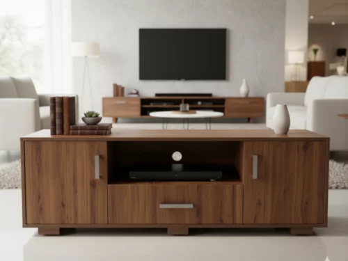 Engineered wood TV unit in walnut finish with two doors, one open center shelf, and a lower storage drawer