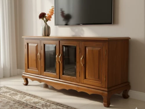 Classic wooden TV unit with glass-fronted cabinets and ornate handles