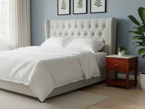 Mahogany wood bedside table with two drawers and silver pull handles