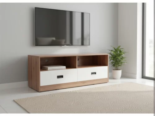 Engineered wood TV unit with white gloss drawers, black handles, open shelves, and modern wood finish