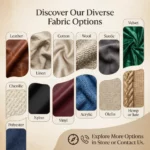 ahd furniture sofa fabric options Leather, linen, cotton, wool, Suede, Velvet, Chenille, Polyester, Nylon, Vinyl, Acrylic, Olefin, Hemp or Jute