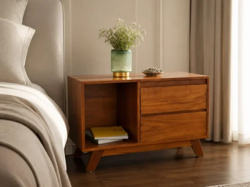Hera teak wood bedside table with two drawers and open shelf beside a bed in a warm bedroom