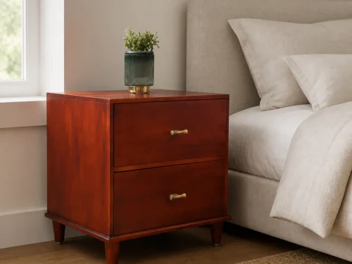 Linux 2 drawer mahogany wood bed side table with brass handles beside a bed in a bedroom