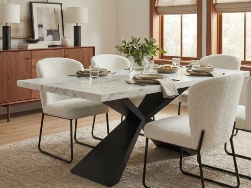 Minimalist 6 Seater Marble Top Dining Table With Geometric Black Metal Base