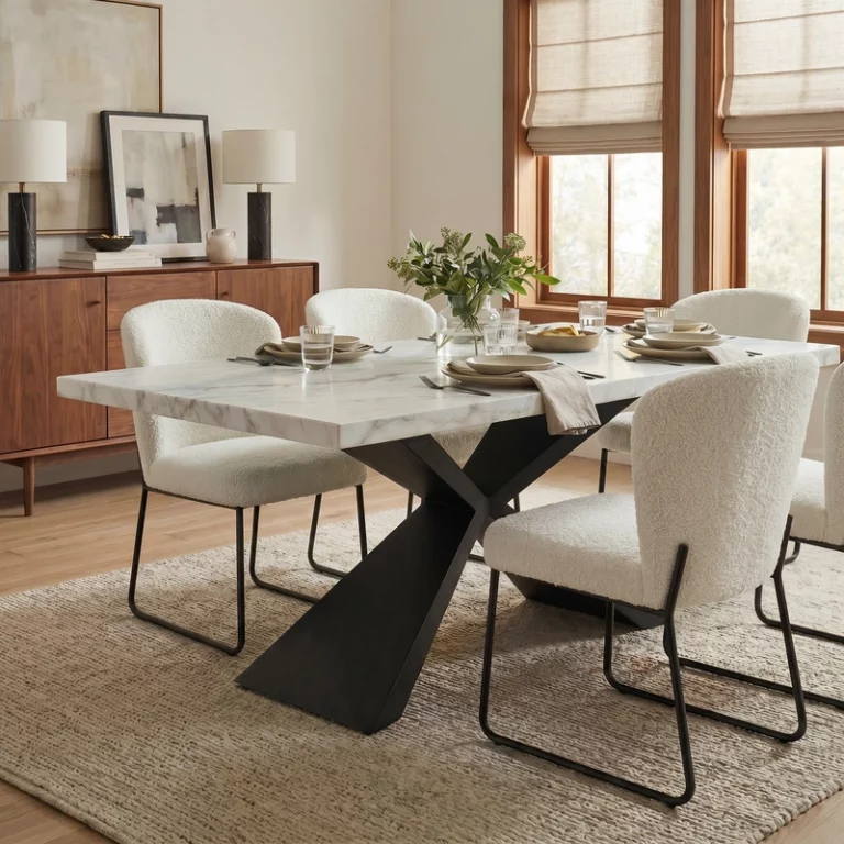 Minimalist 6 Seater Marble Top Dining Table With Geometric Black Metal Base