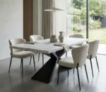 Minimalist Marble-Top Dining Table with Geometric Black Metal Base — 6-Seater