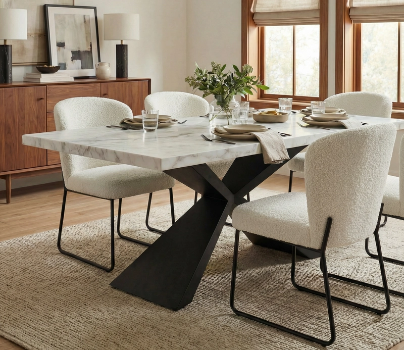 Minimalist Marble-Top Dining Table with Geometric Black Metal Base — 6-Seater