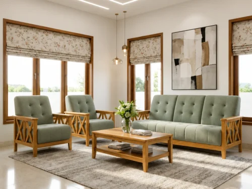 Alder Wooden Sofa Set In Teak Wood – Teak Wood, Set Of 3+1+1 ( 5 Seater ), 1 Seater, 2 Seater, 3 Seater