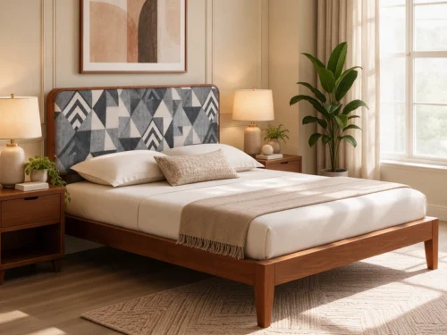 Lilly B2 Fabric Upholstery Head Wooden Queen Size Bed In Teak Wood