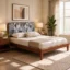 Lilly B2 Fabric Upholstery Head Wooden Queen Size Bed In Teak Wood