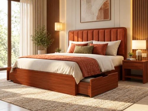 Lilly B2 Wooden Queen Size Bed With Storage In Mahogany Wood