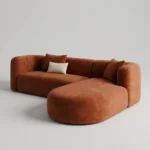 Rust velvet L-shaped sofa with oval right chaise, three-quarter view